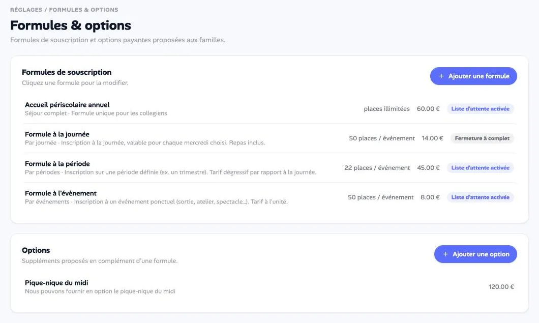 La page Formules & options, avec la liste des formules et des options