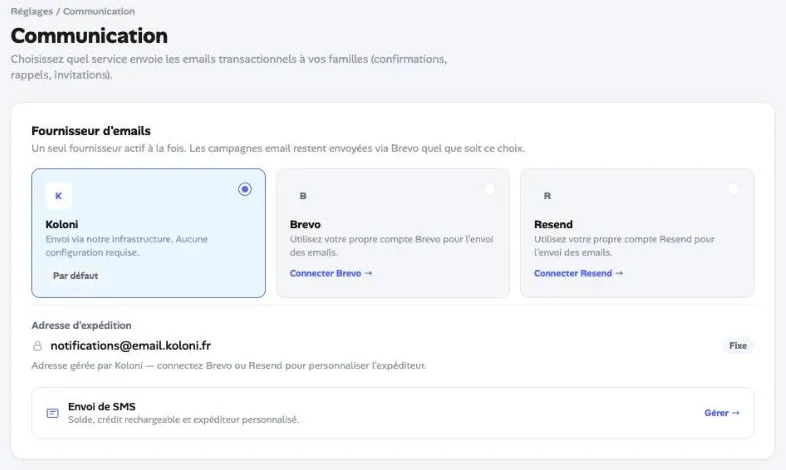 La page Communication, avec le choix du fournisseur d’emails