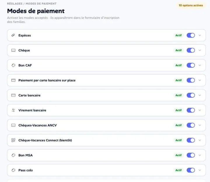 La liste des modes de paiement d’un accueil