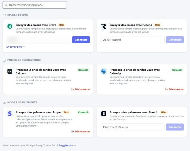 La page Intégrations, avec les outils regroupés par catégorie
