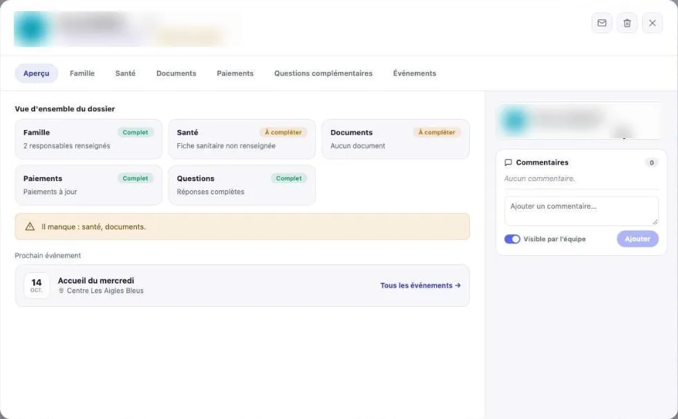 La fiche d’une inscription, onglet Aperçu