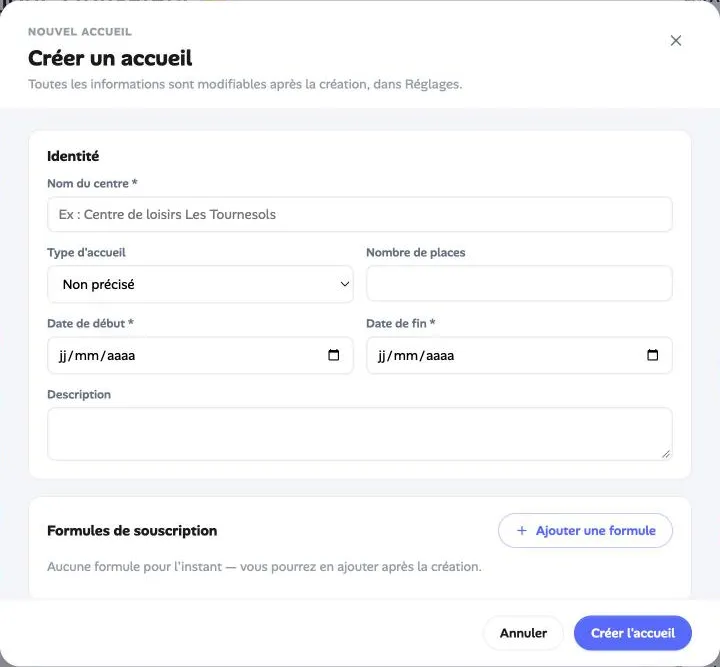Le formulaire Créer un accueil, partie Identité