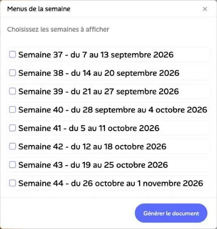 La fenêtre de génération des menus, avec le choix des semaines
