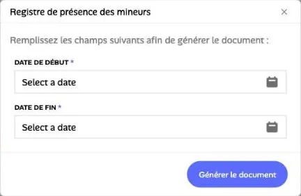 La fenêtre de génération du registre de présence des mineurs, avec les dates de début et de fin