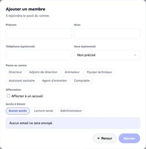 Deuxième étape : informations du membre et poste au centre