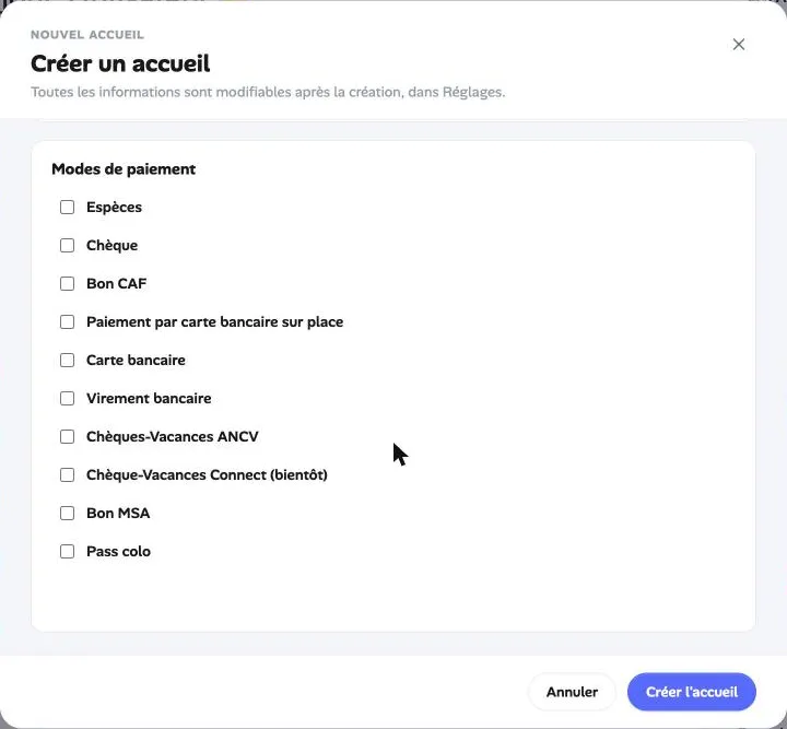 Les modes de paiement proposés à la création d’un accueil