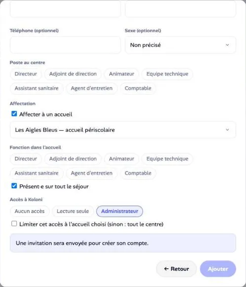 Affectation à un accueil et accès à Koloni